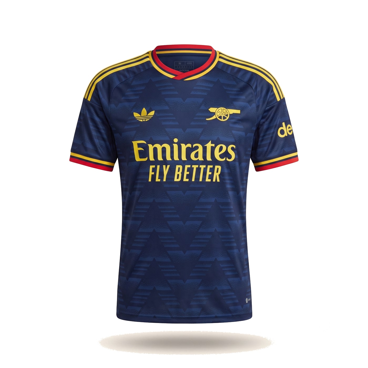 Arsenal 2026/27 third kit in pale yellow with navy shoulder stripes.